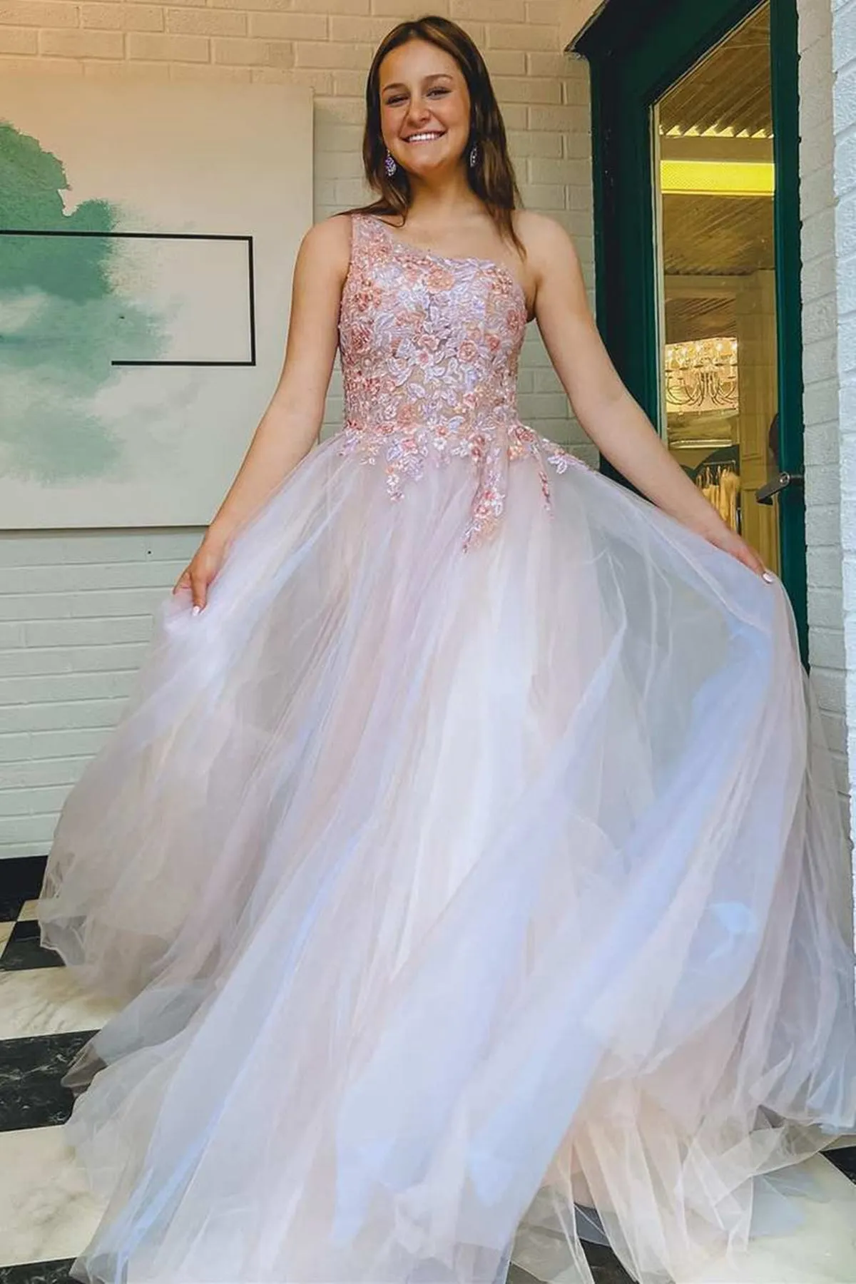 One Shoulder Pink Lace Floral Long Prom Dress, Pink Formal Evening Dress with Lace Appliques A1803