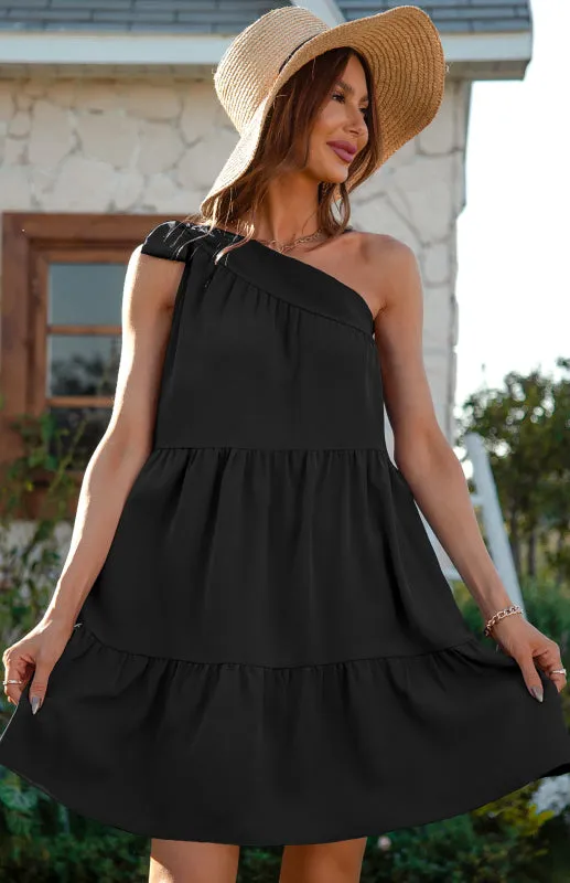 One-Shoulder Ruffle Mini Dress with Tiered Design