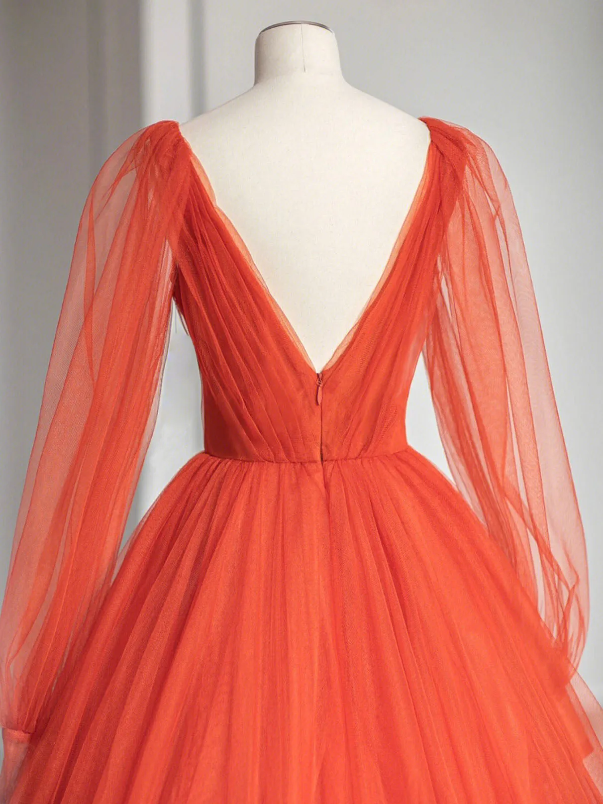 Orange v neck tulle long prom dress A line orange long formal dress