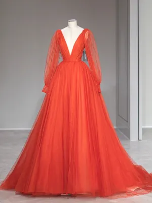 Orange v neck tulle long prom dress A line orange long formal dress