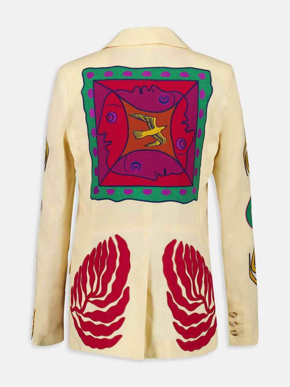 Paula Vanilla Custard Linen Blazer with Embroidered Patches