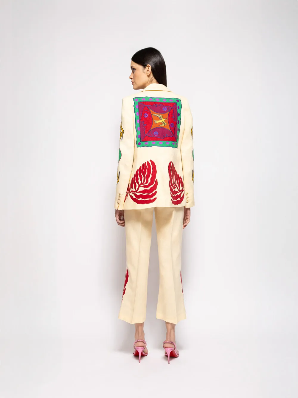 Paula Vanilla Custard Linen Blazer with Embroidered Patches