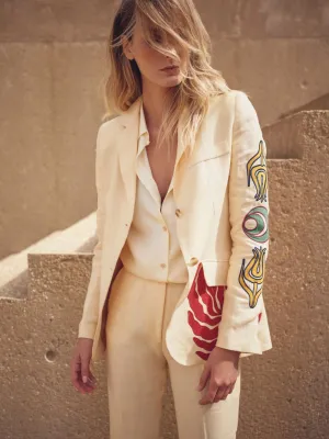 Paula Vanilla Custard Linen Blazer with Embroidered Patches