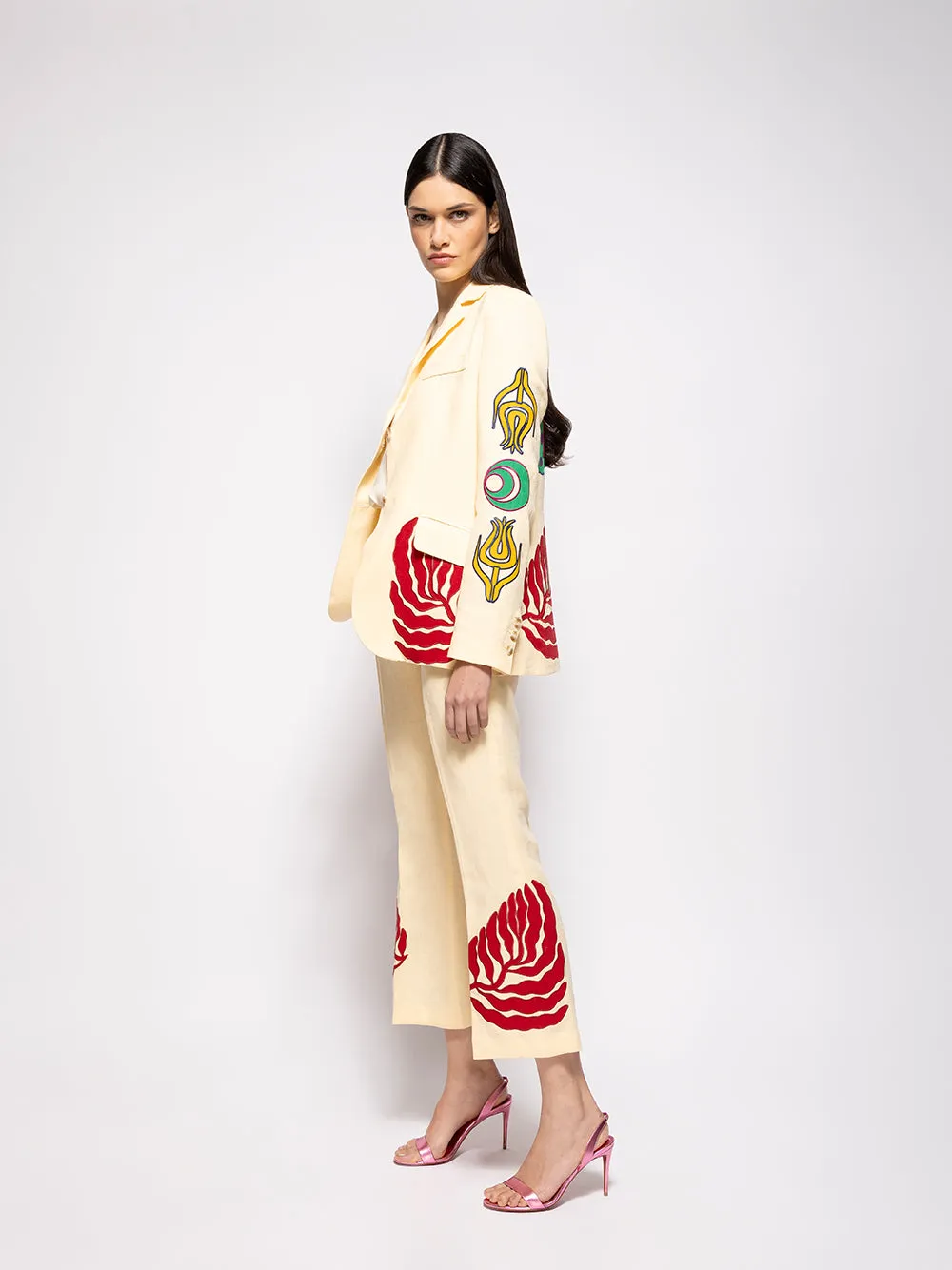 Paula Vanilla Custard Linen Blazer with Embroidered Patches