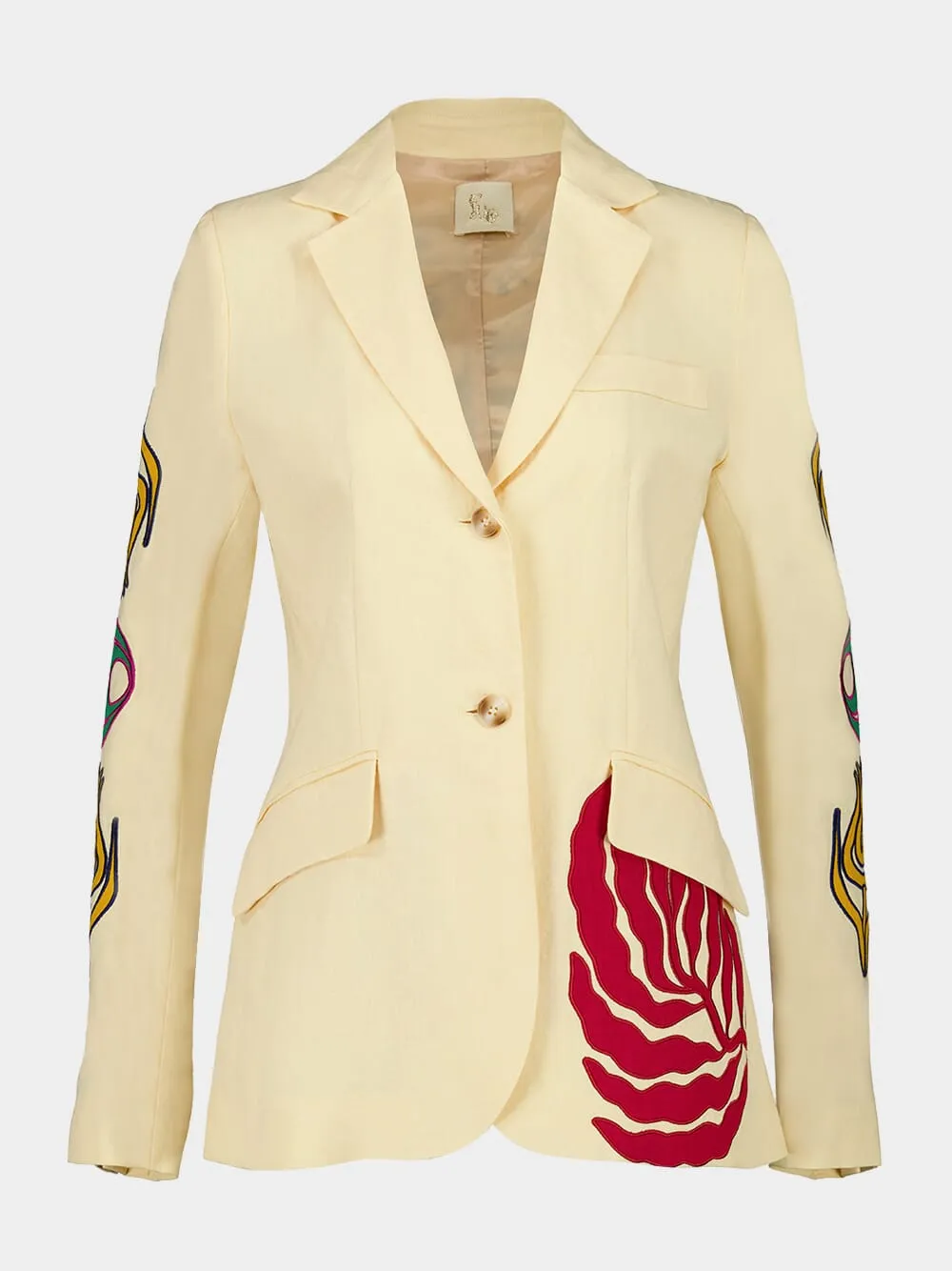 Paula Vanilla Custard Linen Blazer with Embroidered Patches