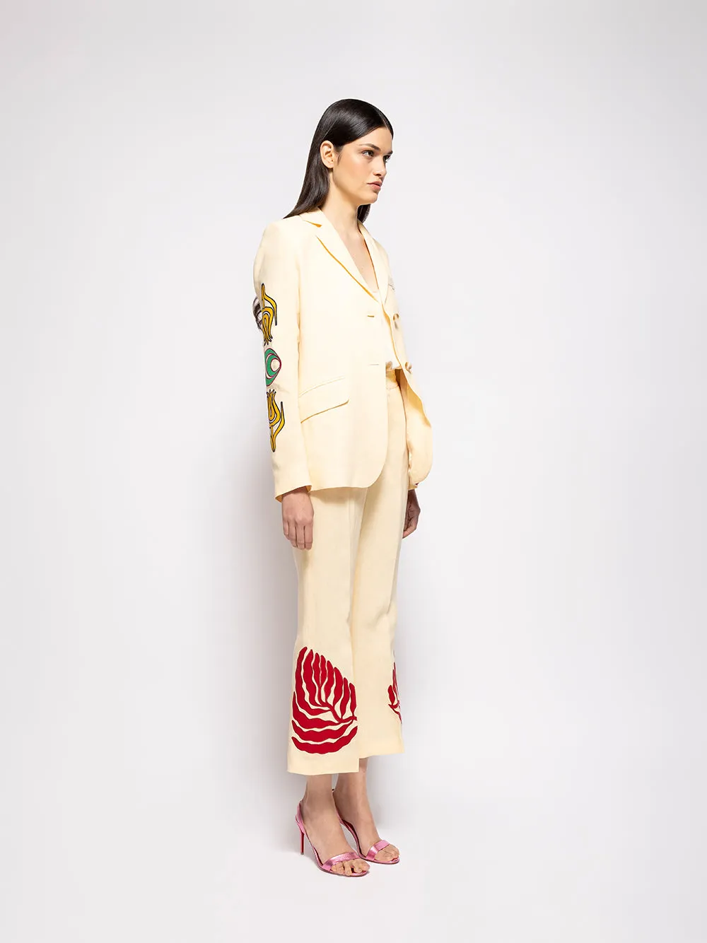 Paula Vanilla Custard Linen Blazer with Embroidered Patches