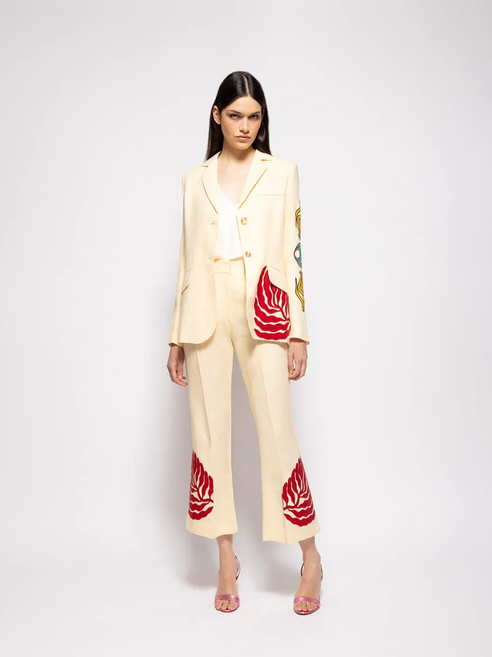 Paula Vanilla Custard Linen Blazer with Embroidered Patches
