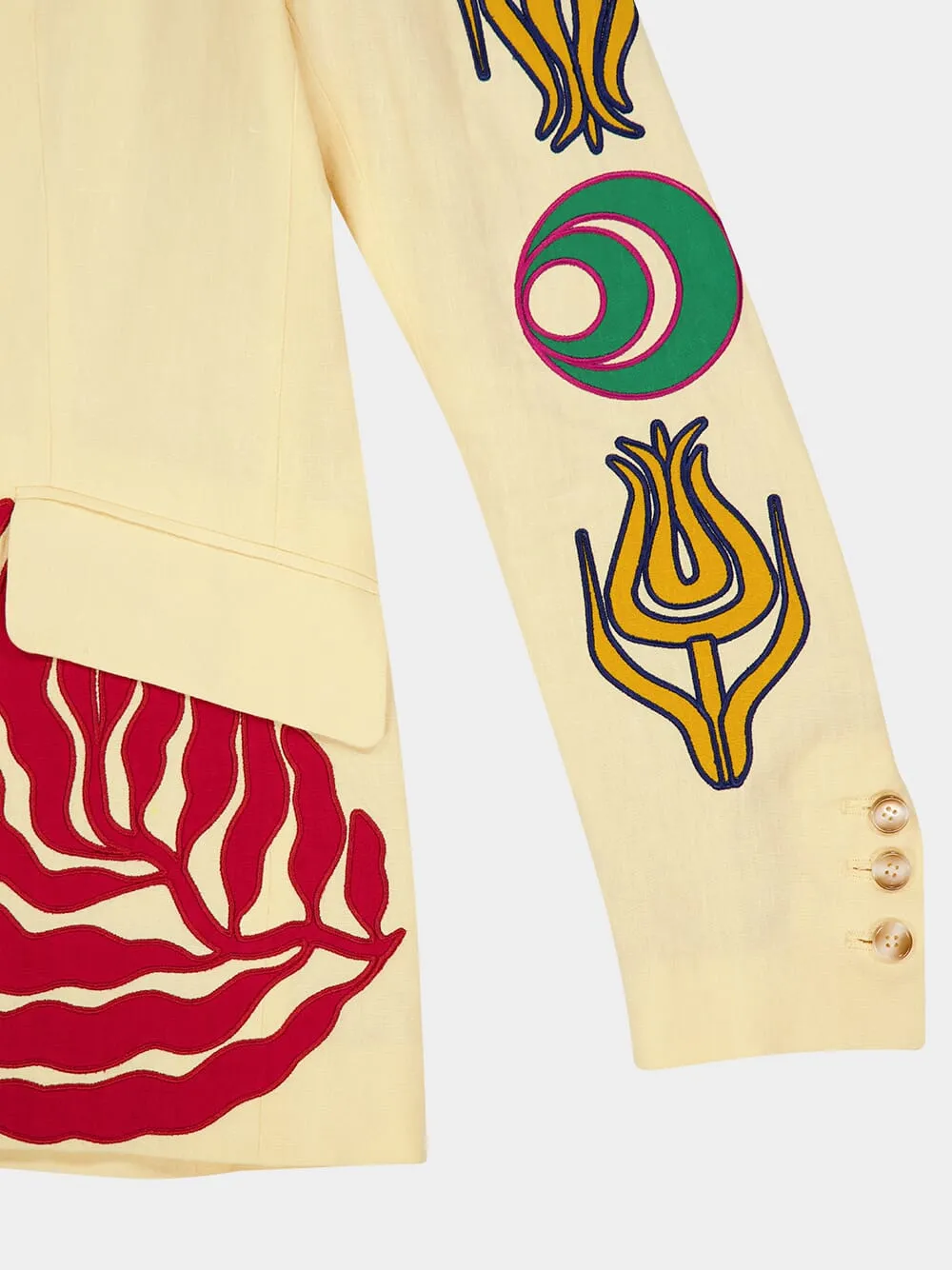 Paula Vanilla Custard Linen Blazer with Embroidered Patches
