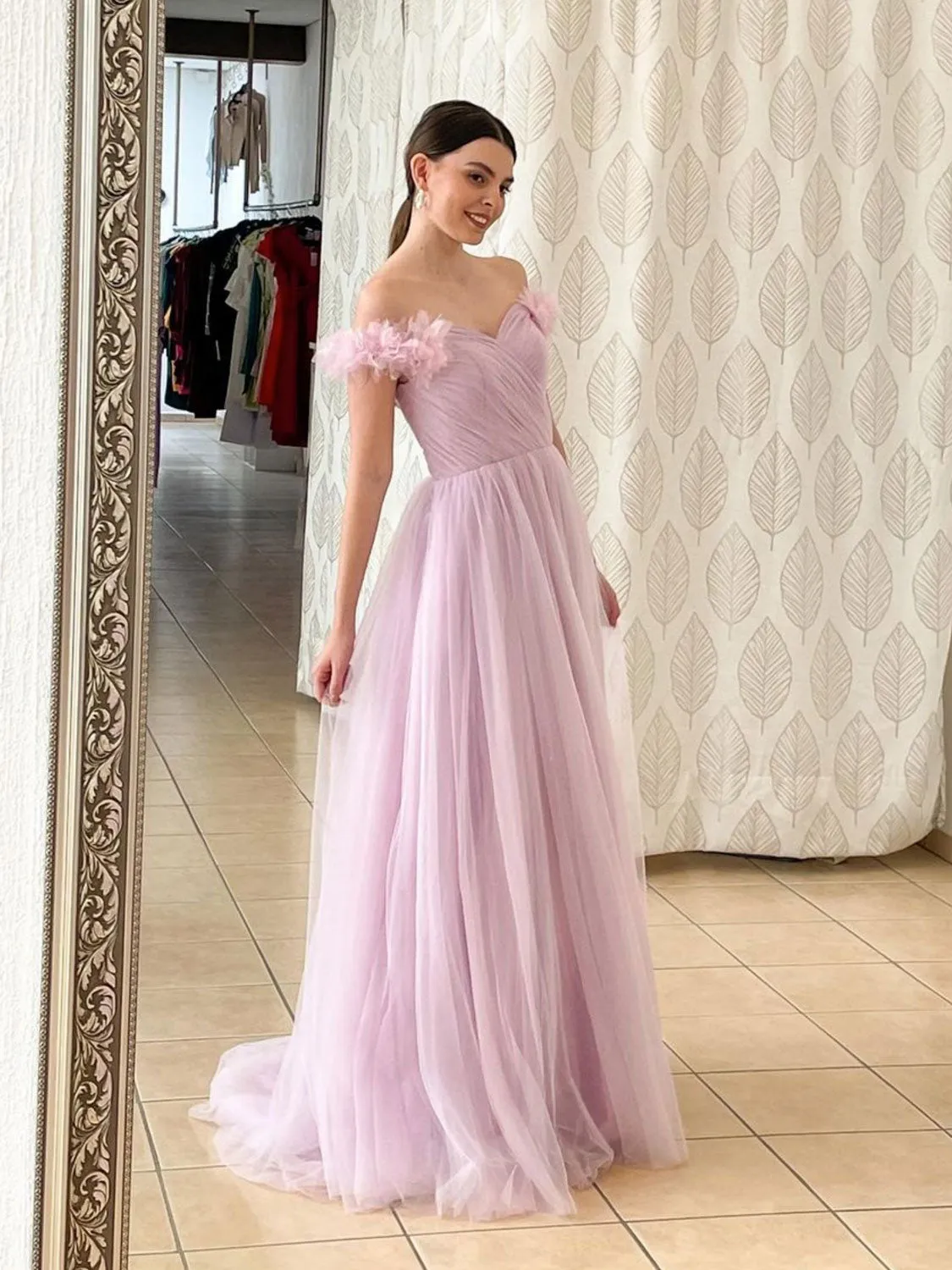 Pink A line long prom dress pink tulle long formal party dress