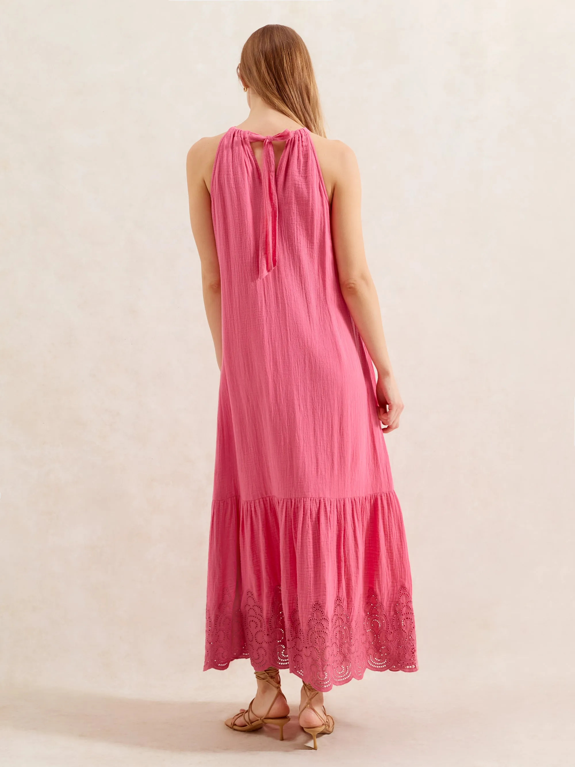 Pink Broderie Hem Cheesecloth Maxi Dress