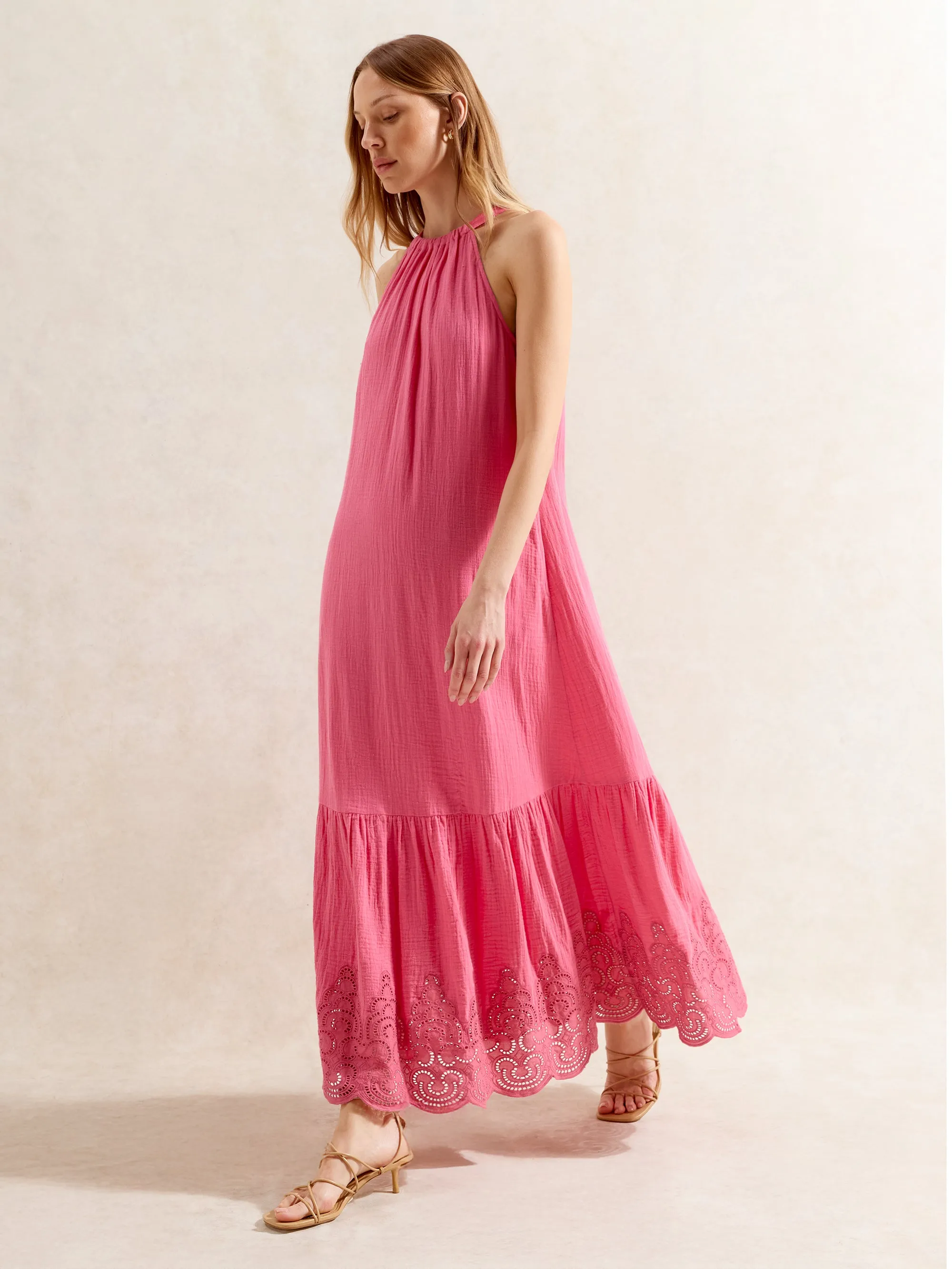 Pink Broderie Hem Cheesecloth Maxi Dress