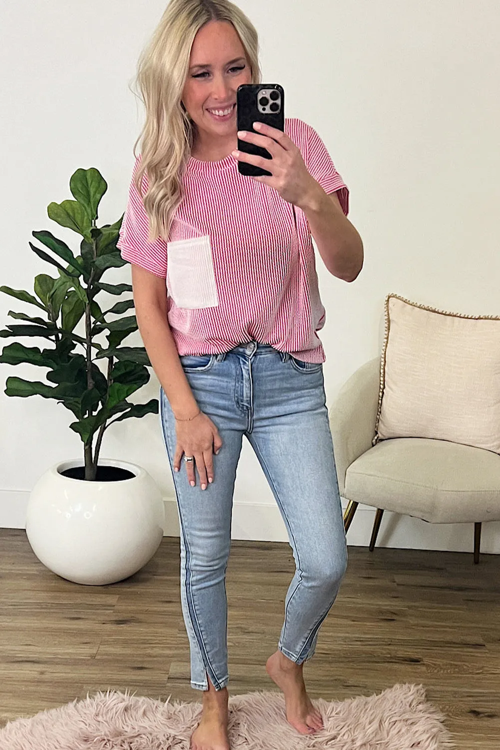 Pink Corded Knit Color Block Pocketed Crew Neck T Shirt