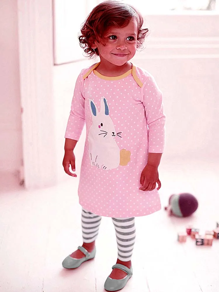 Pink Spotty Bunny Long Sleeved Girls Dress with Bunny Applique Details