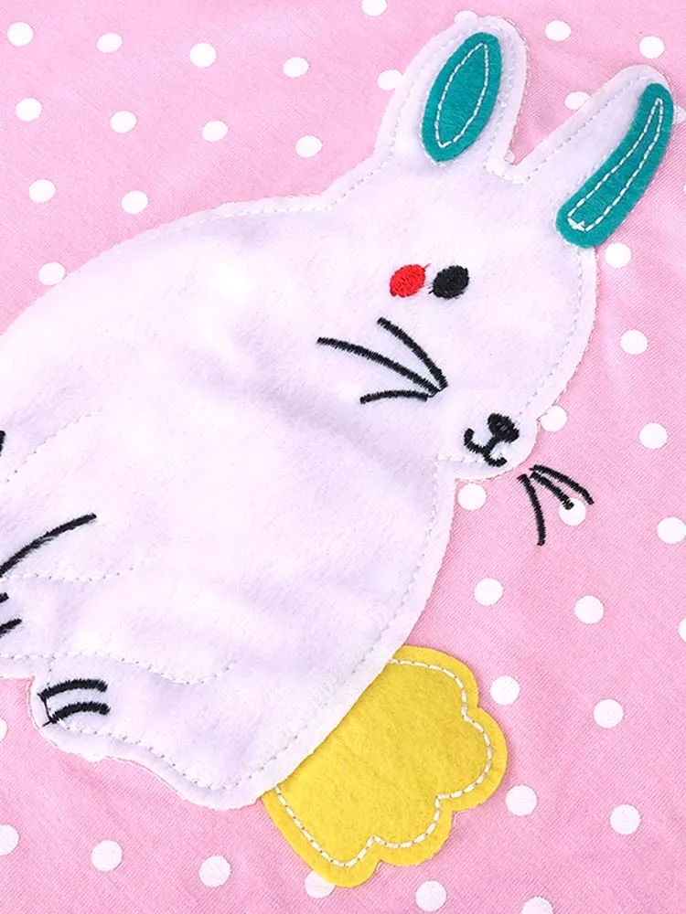 Pink Spotty Bunny Long Sleeved Girls Dress with Bunny Applique Details