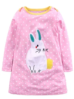 Pink Spotty Bunny Long Sleeved Girls Dress with Bunny Applique Details