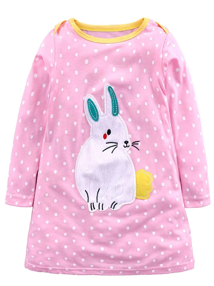 Pink Spotty Bunny Long Sleeved Girls Dress with Bunny Applique Details