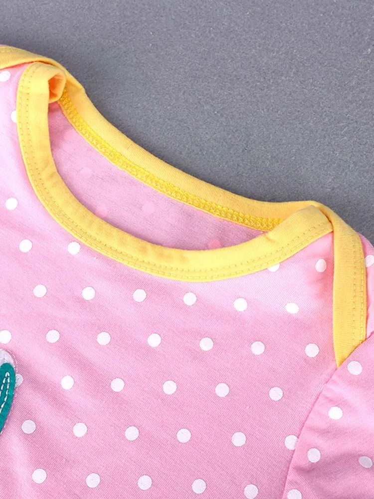 Pink Spotty Bunny Long Sleeved Girls Dress with Bunny Applique Details