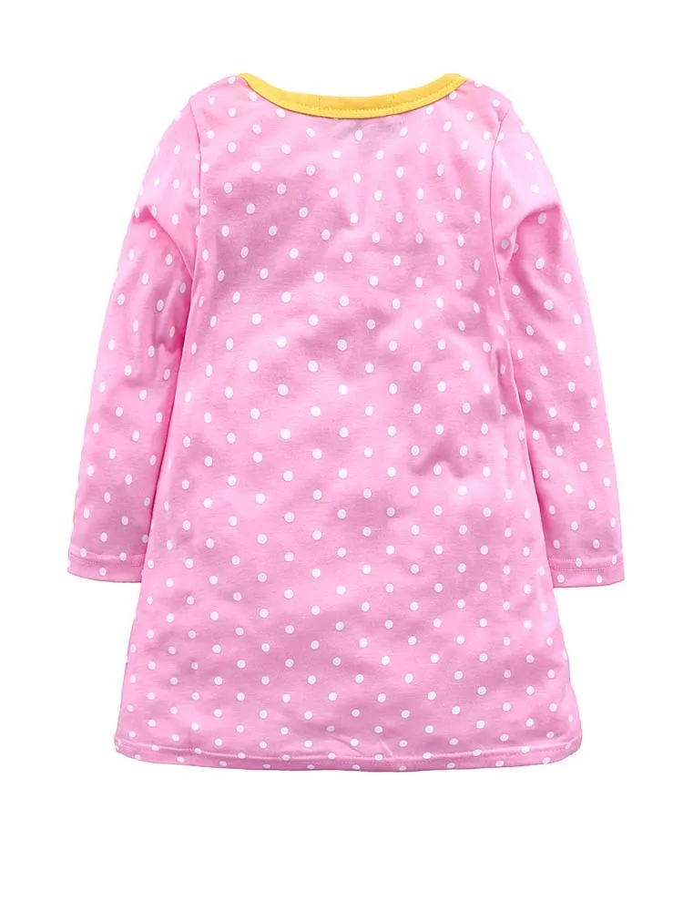 Pink Spotty Bunny Long Sleeved Girls Dress with Bunny Applique Details