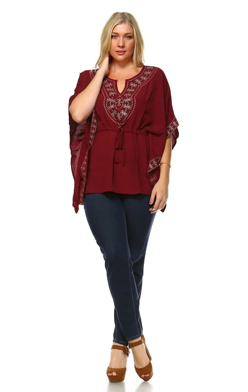 Plus Size Shirt Embroidered Detail String Waist Burgundy
