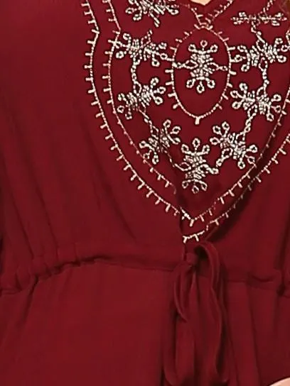 Plus Size Shirt Embroidered Detail String Waist Burgundy