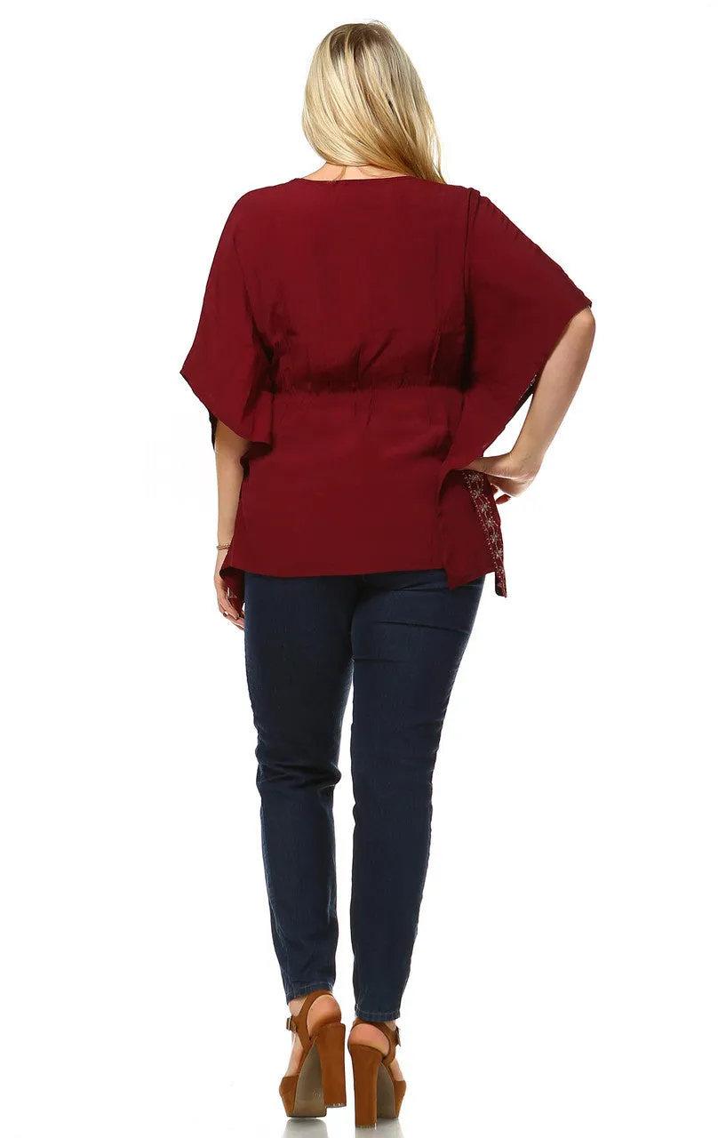 Plus Size Shirt Embroidered Detail String Waist Burgundy