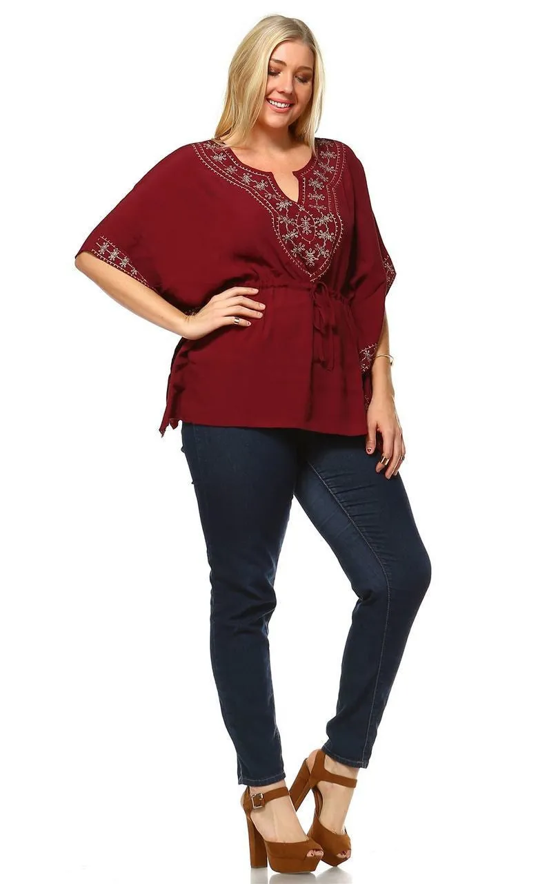 Plus Size Shirt Embroidered Detail String Waist Burgundy
