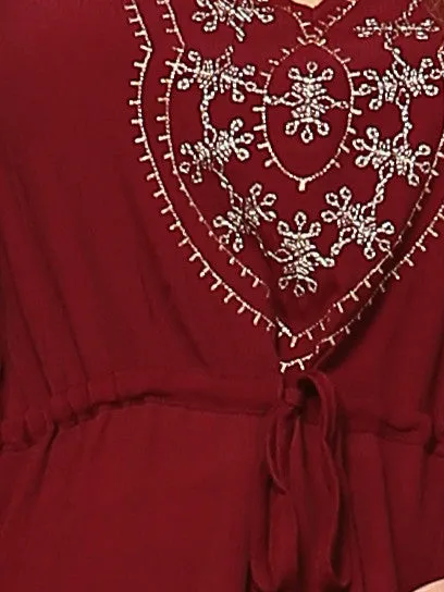 Plus Size Shirt Embroidered Detail String Waist Burgundy