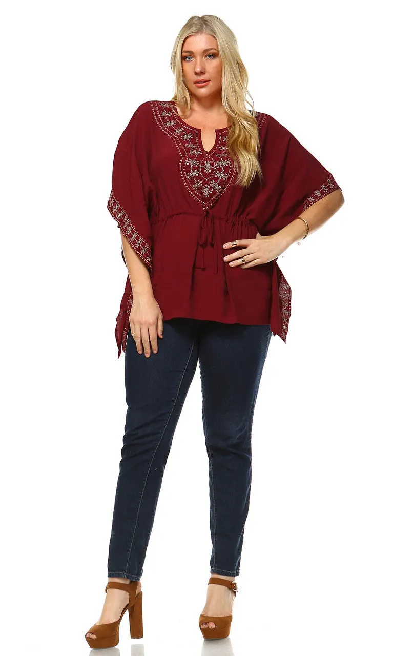 Plus Size Shirt Embroidered Detail String Waist Burgundy