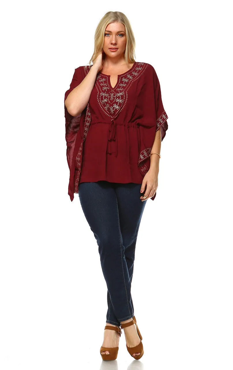 Plus Size Shirt Embroidered Detail String Waist Burgundy