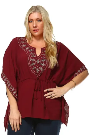 Plus Size Shirt Embroidered Detail String Waist Burgundy
