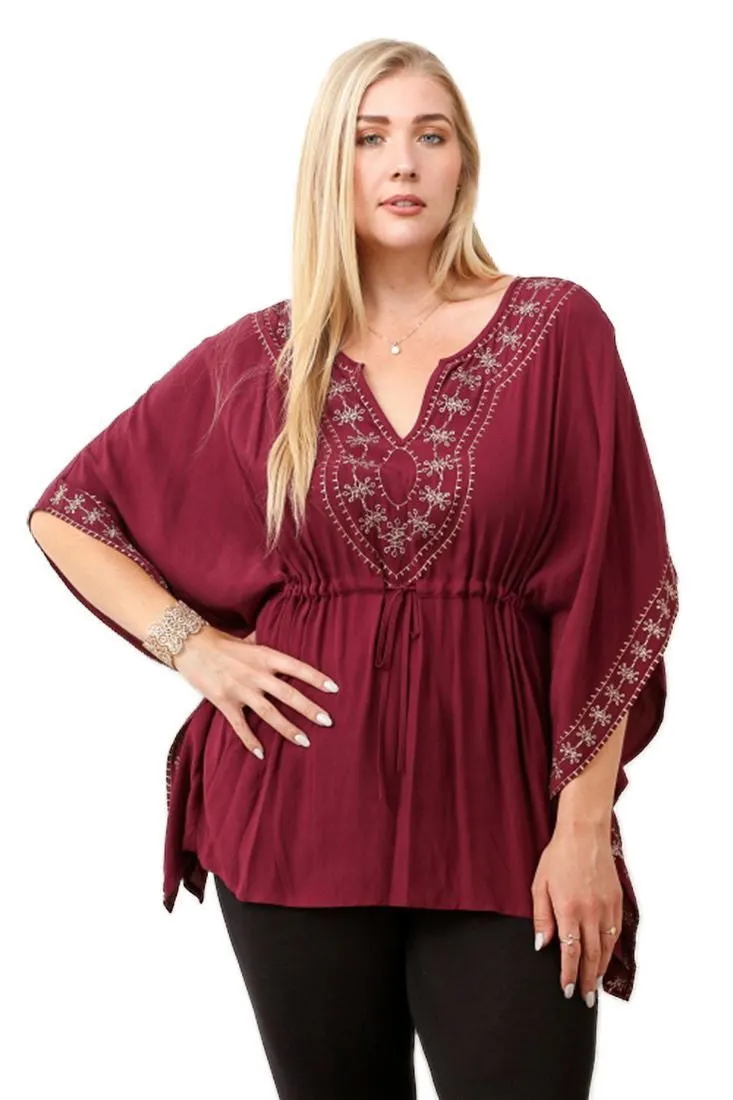 Plus Size Shirt Embroidered Detail String Waist Burgundy