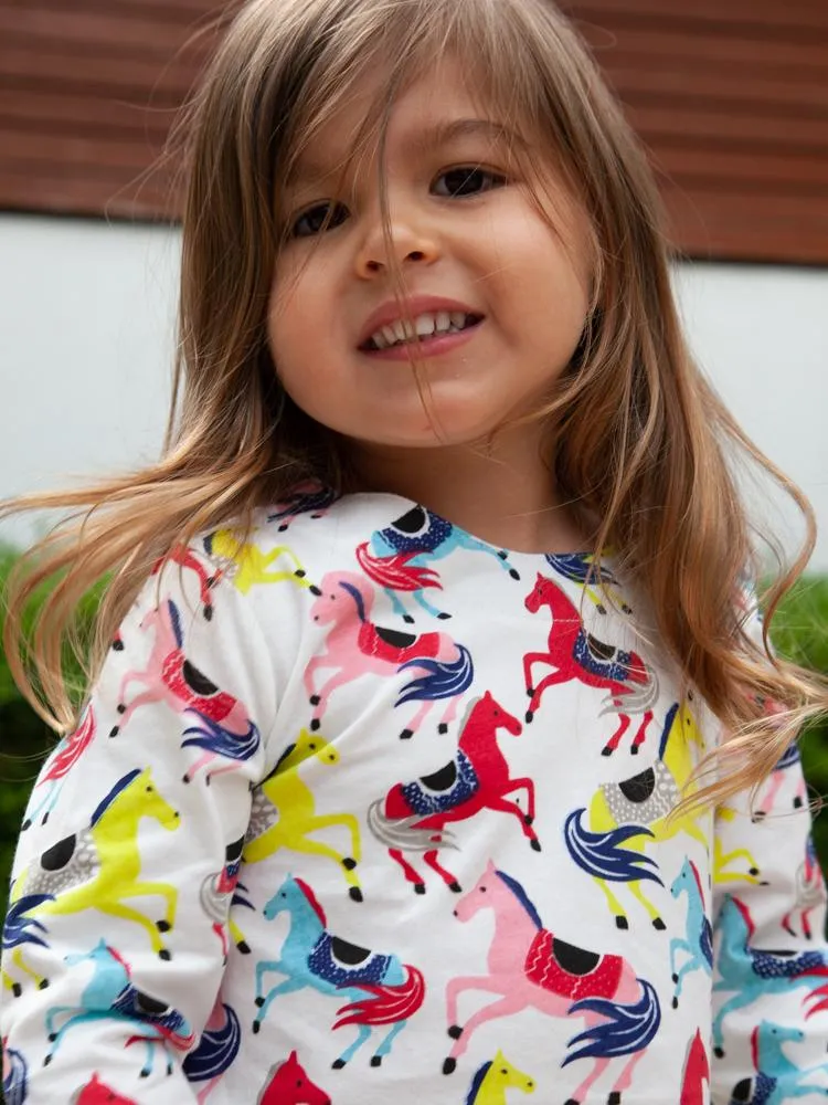 Prancing Ponies - Girls Long Sleeve Colourful Pony & White Dress with Striped Pockets - 18 months to 2 years