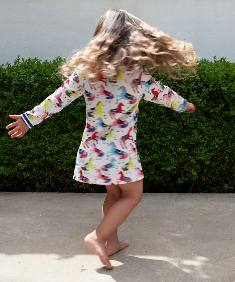 Prancing Ponies - Girls Long Sleeve Colourful Pony & White Dress with Striped Pockets - 18 months to 2 years