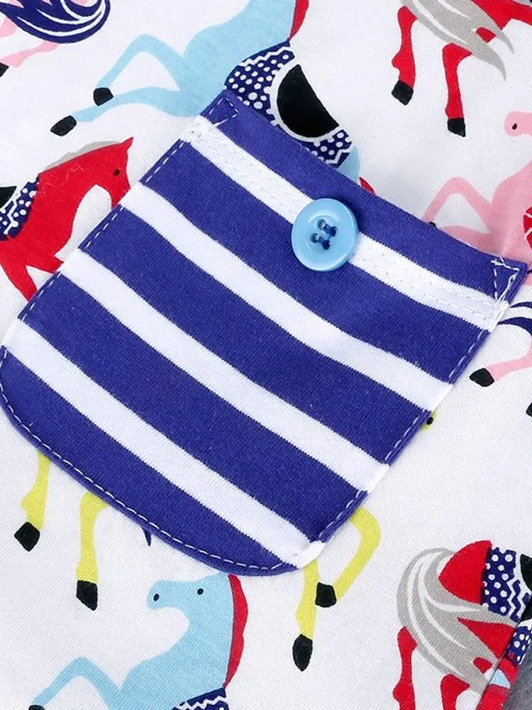 Prancing Ponies - Girls Long Sleeve Colourful Pony & White Dress with Striped Pockets - 18 months to 2 years