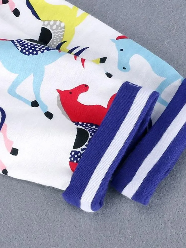 Prancing Ponies - Girls Long Sleeve Colourful Pony & White Dress with Striped Pockets - 18 months to 2 years