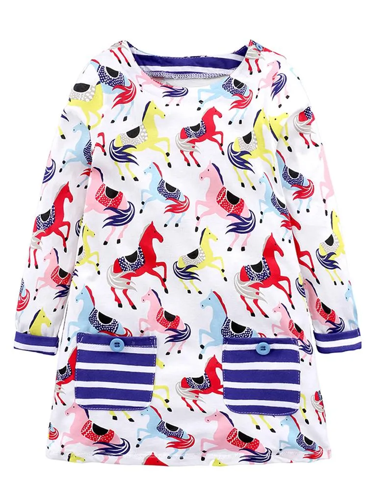 Prancing Ponies - Girls Long Sleeve Colourful Pony & White Dress with Striped Pockets - 18 months to 2 years