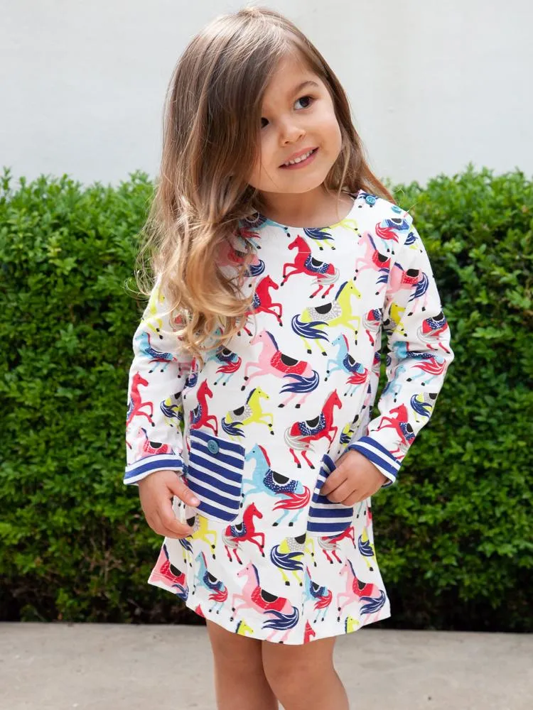 Prancing Ponies - Girls Long Sleeve Colourful Pony & White Dress with Striped Pockets - 18 months to 2 years