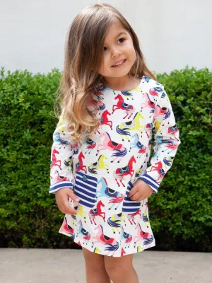 Prancing Ponies - Girls Long Sleeve Colourful Pony & White Dress with Striped Pockets - 18 months to 2 years