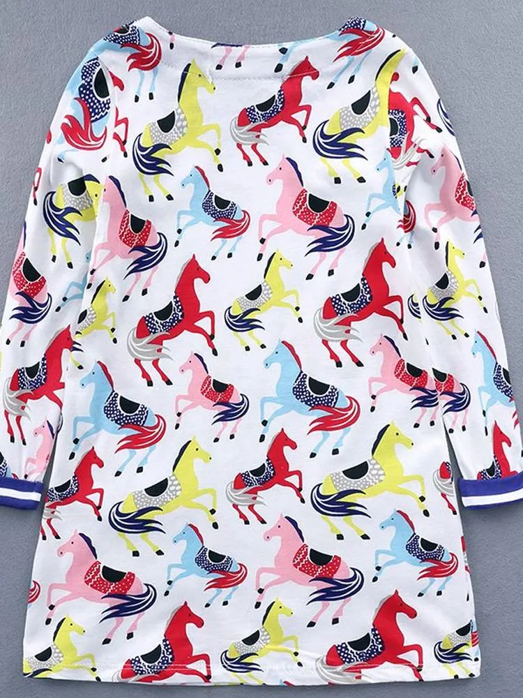 Prancing Ponies - Girls Long Sleeve Colourful Pony & White Dress with Striped Pockets - 18 months to 2 years