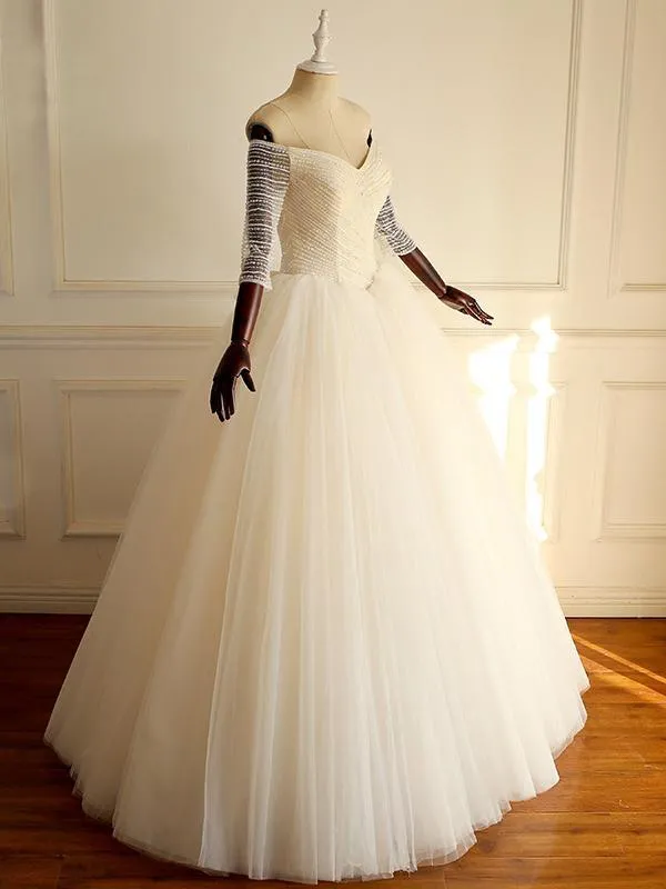 Pretty Off-Shoulder Long Cheap Tulle Wedding Dresses with Appliques, TYP1039