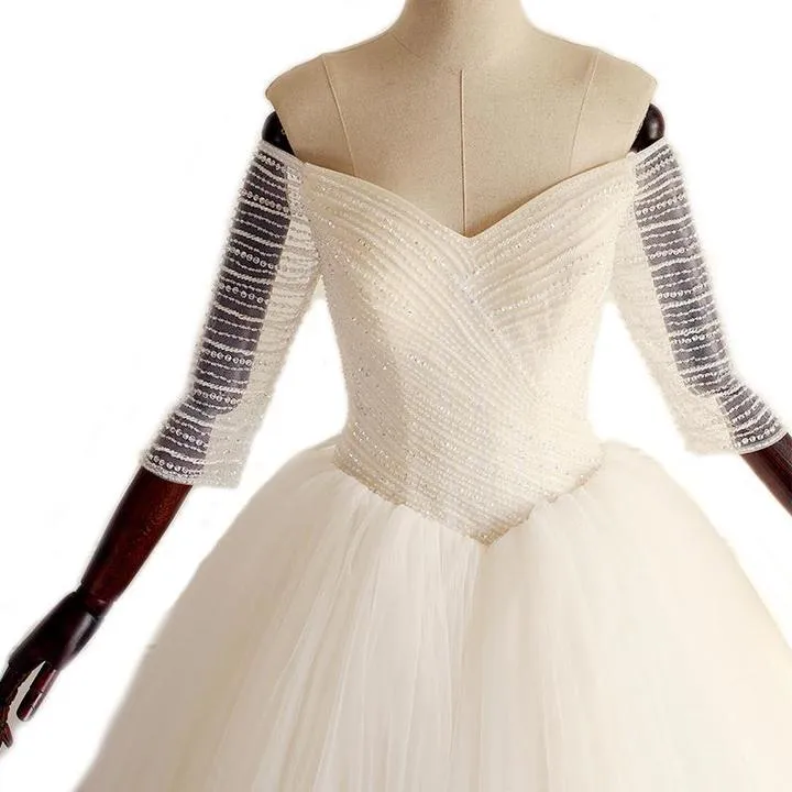Pretty Off-Shoulder Long Cheap Tulle Wedding Dresses with Appliques, TYP1039
