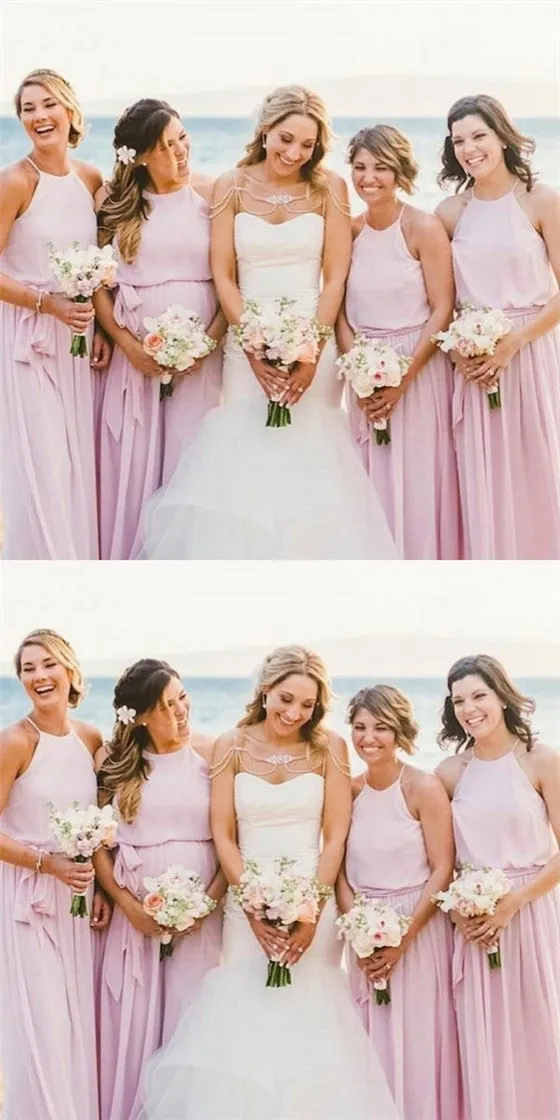 Pretty Round Neck Long Cheap Lilac Chiffon Bridesmaid Dresses with Bow Knot, QB0129