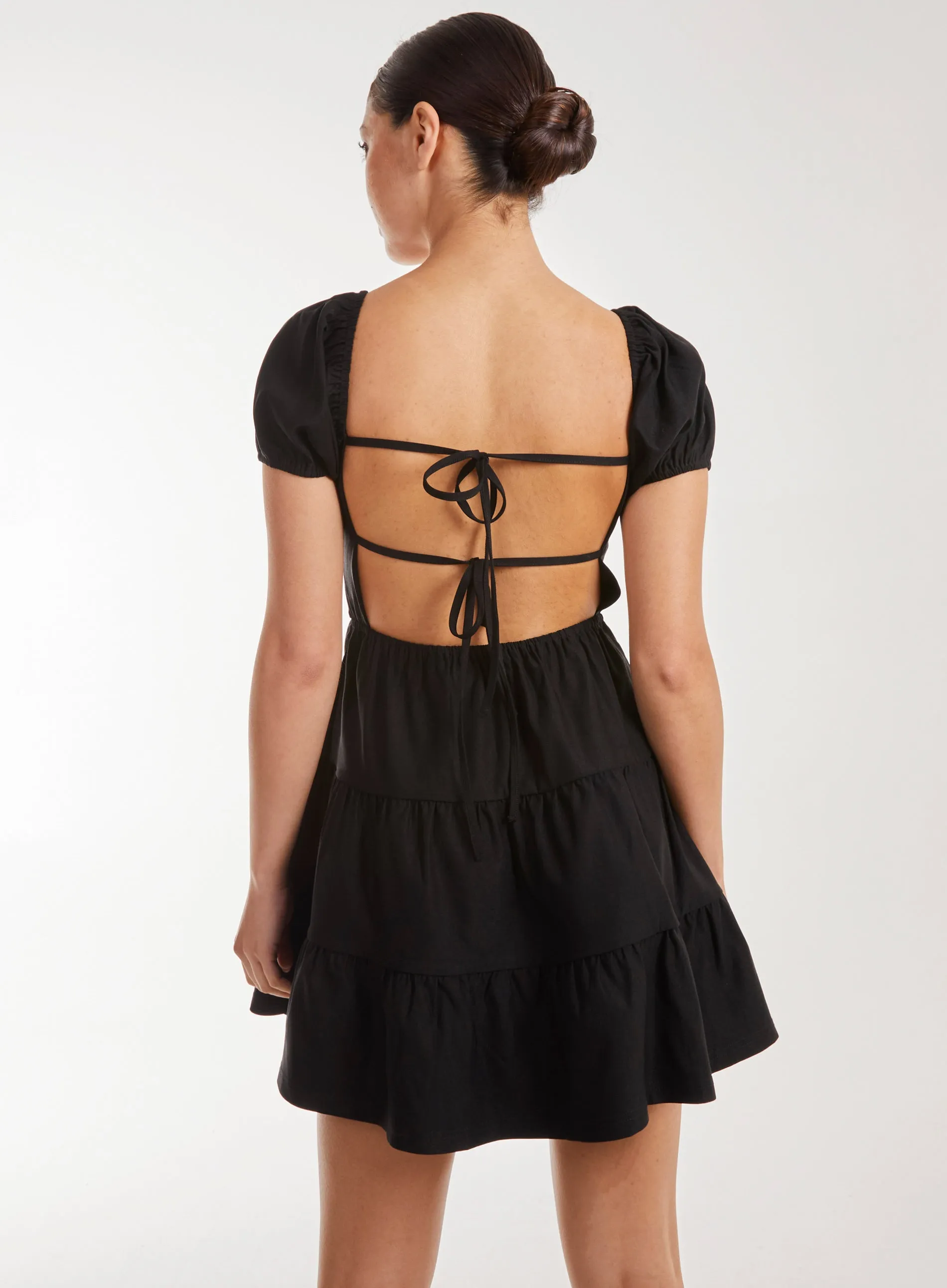 Puff Sleeve Peekaboo Tiered Mini Dress