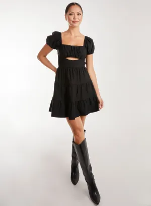 Puff Sleeve Peekaboo Tiered Mini Dress