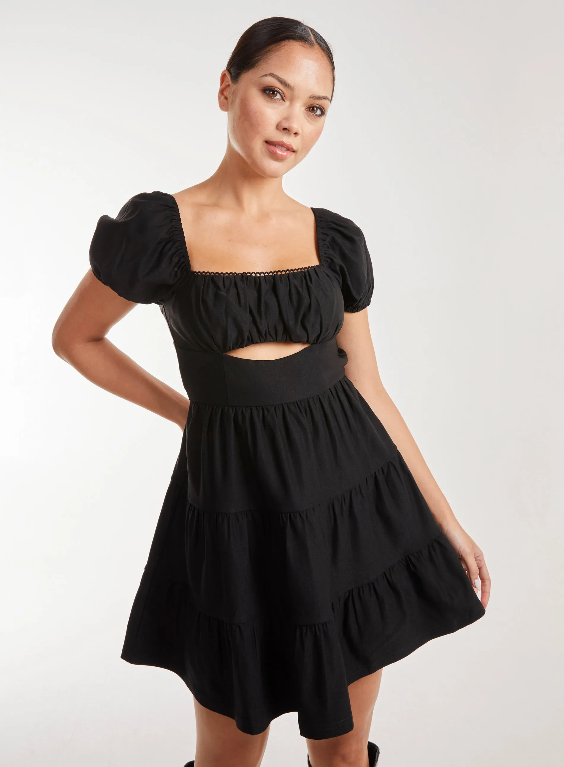 Puff Sleeve Peekaboo Tiered Mini Dress