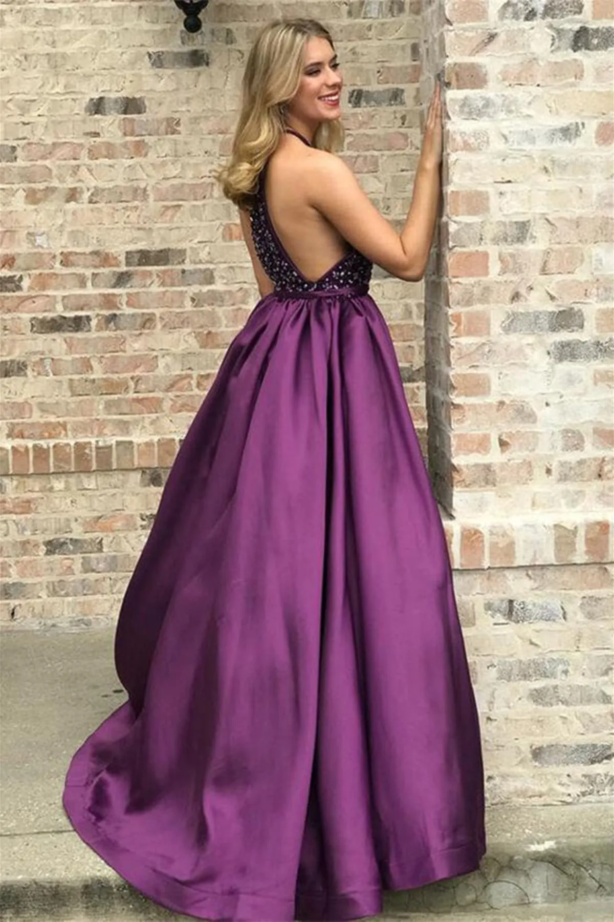 Purple Beaded Long Prom Dress, Beaded Purple Satin Long Formal Graduation Evening Dress A1406