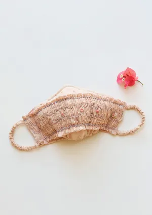 "Be Safe. Be Kind" Hand Smocked Heirloom Mask - Swiss Dot, Vintage Peach
