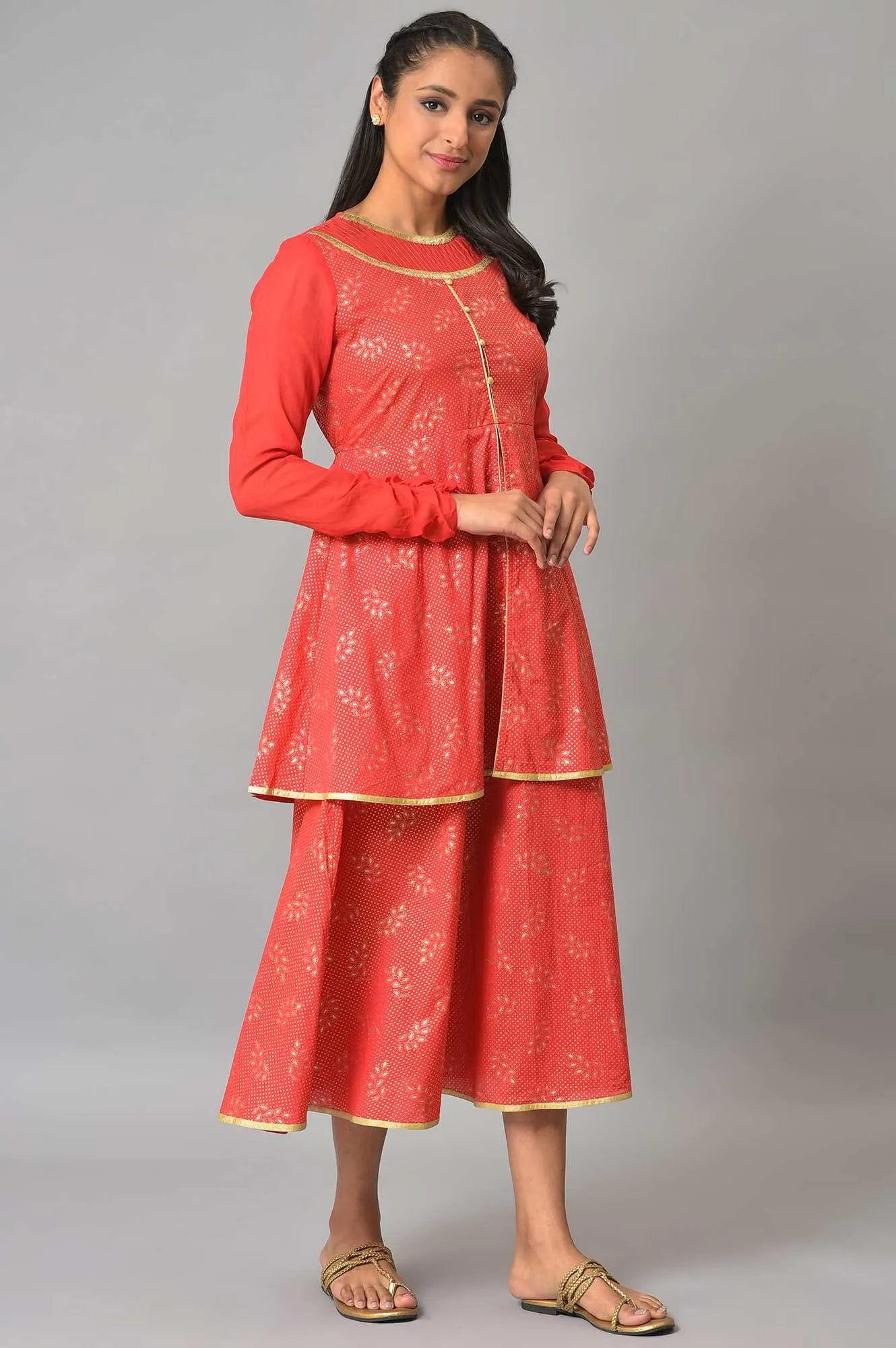 Red Flared Printed Modern Ethnic Dress