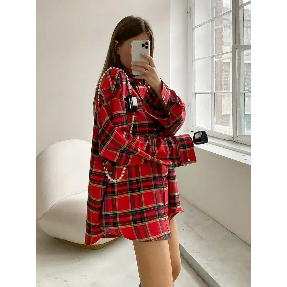 Red Plaid Shirt with Chest Pocket in Oversized Y2K Style