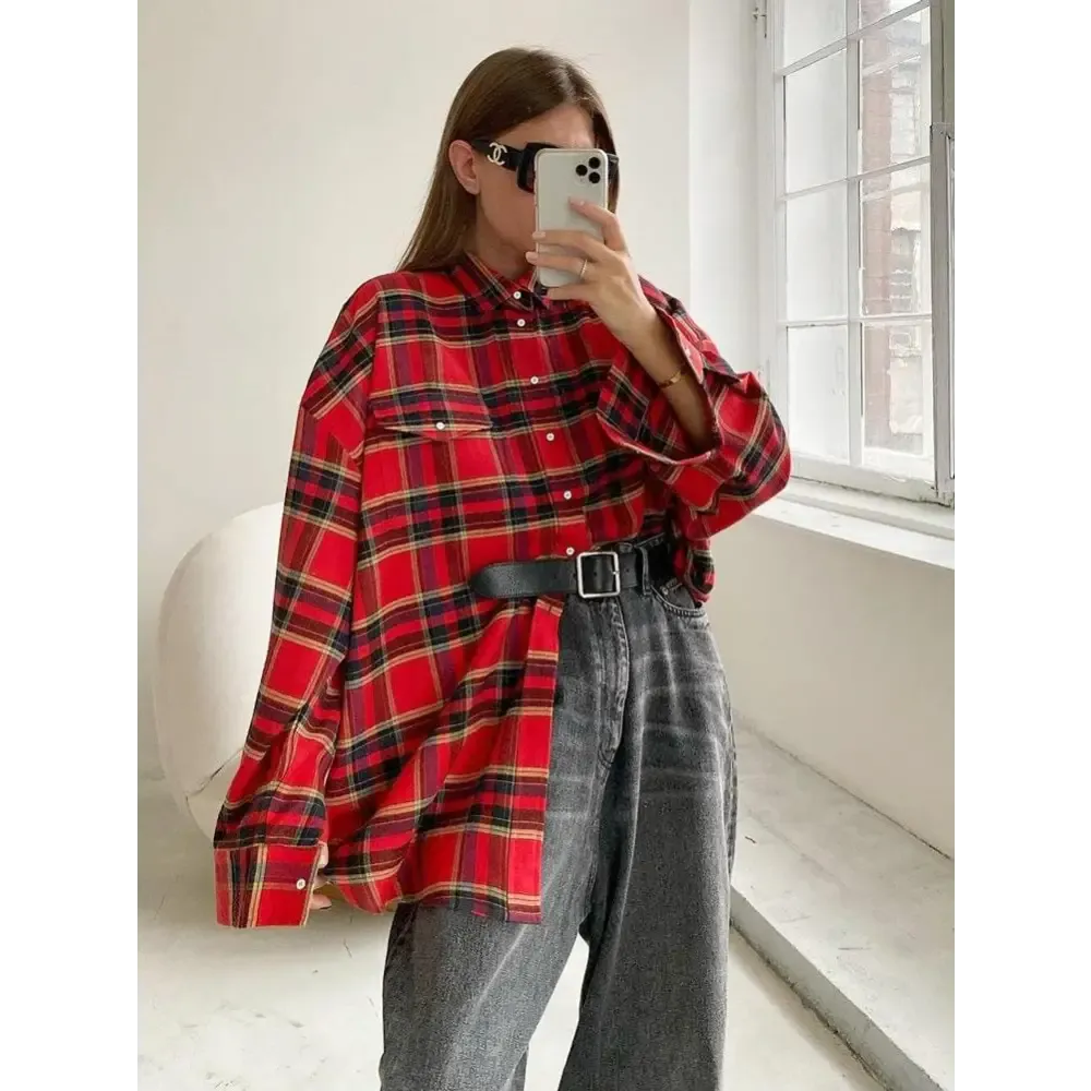 Red Plaid Shirt with Chest Pocket in Oversized Y2K Style